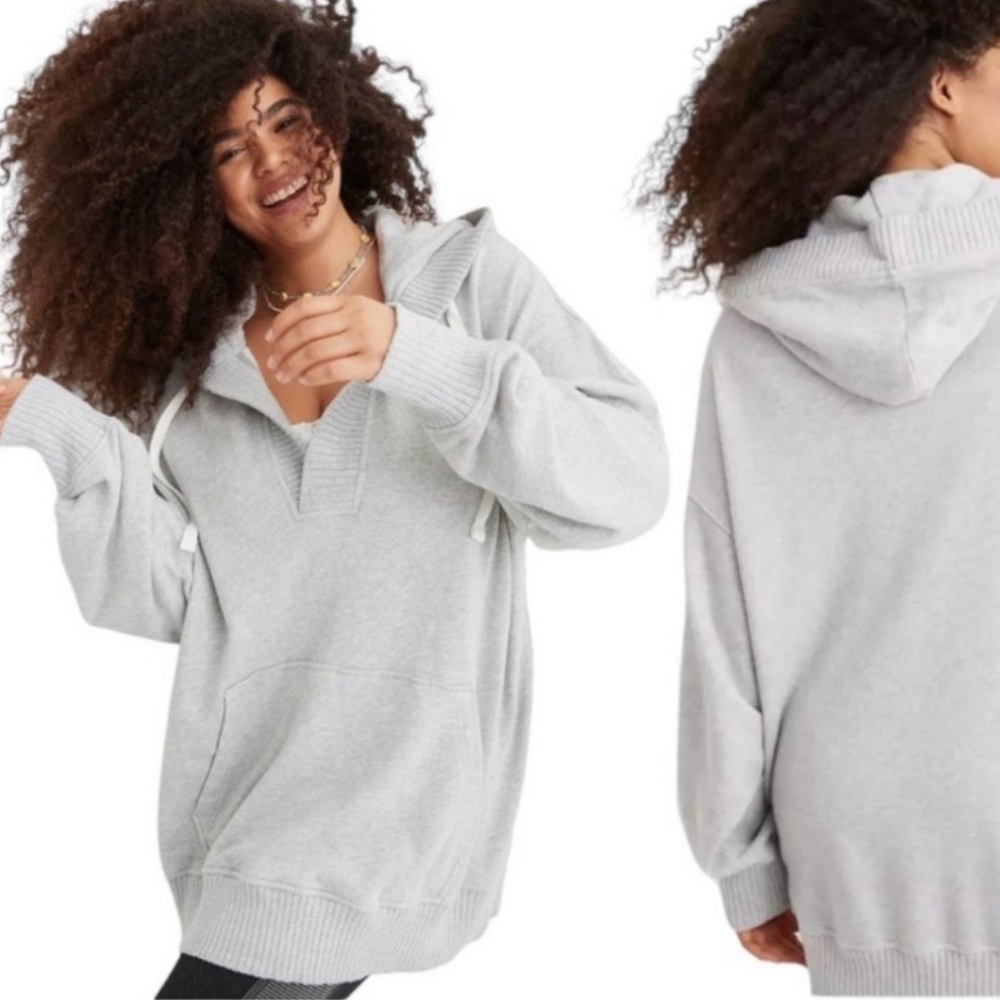 Aerie Down-To-Earth Henley Hoodie Gray Size M